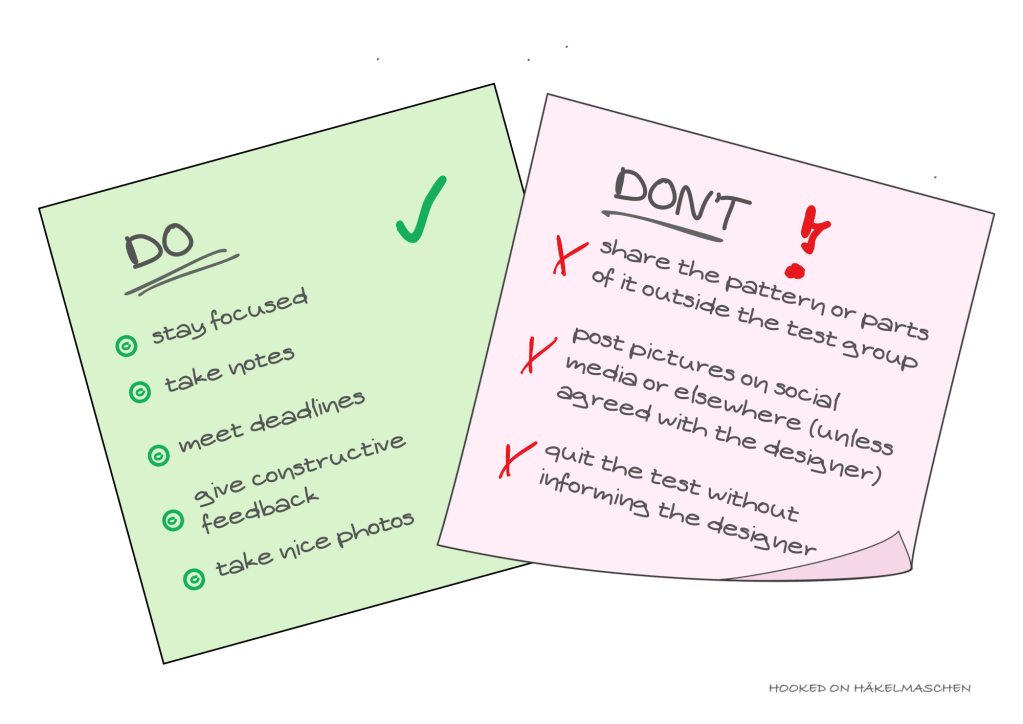 Two post-its listing the dos and Don’ts while testing a crochet pattern