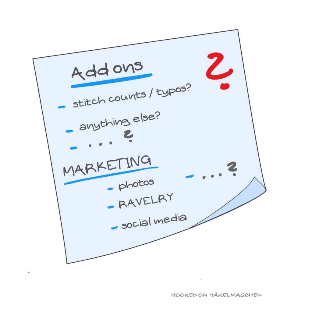 Post-it showing the add on tasks while testing a crochet pattern