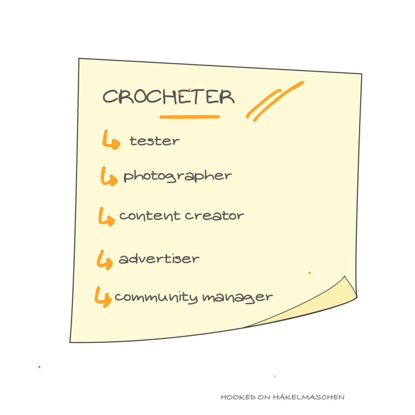 Post-it listing the roles of a crocheter while testing a pattern