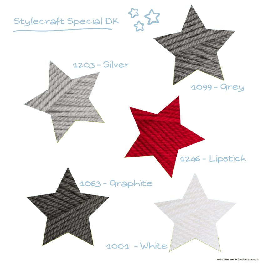 Stylecraft Special DK yarn samples in the colours White, Silver, Grey, Graphite and Lipstick