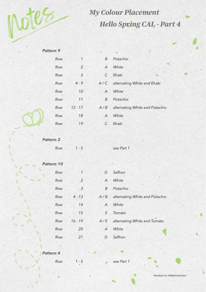 Hello Spring Mosaic CAL, list of row-by-row colours for Part 4