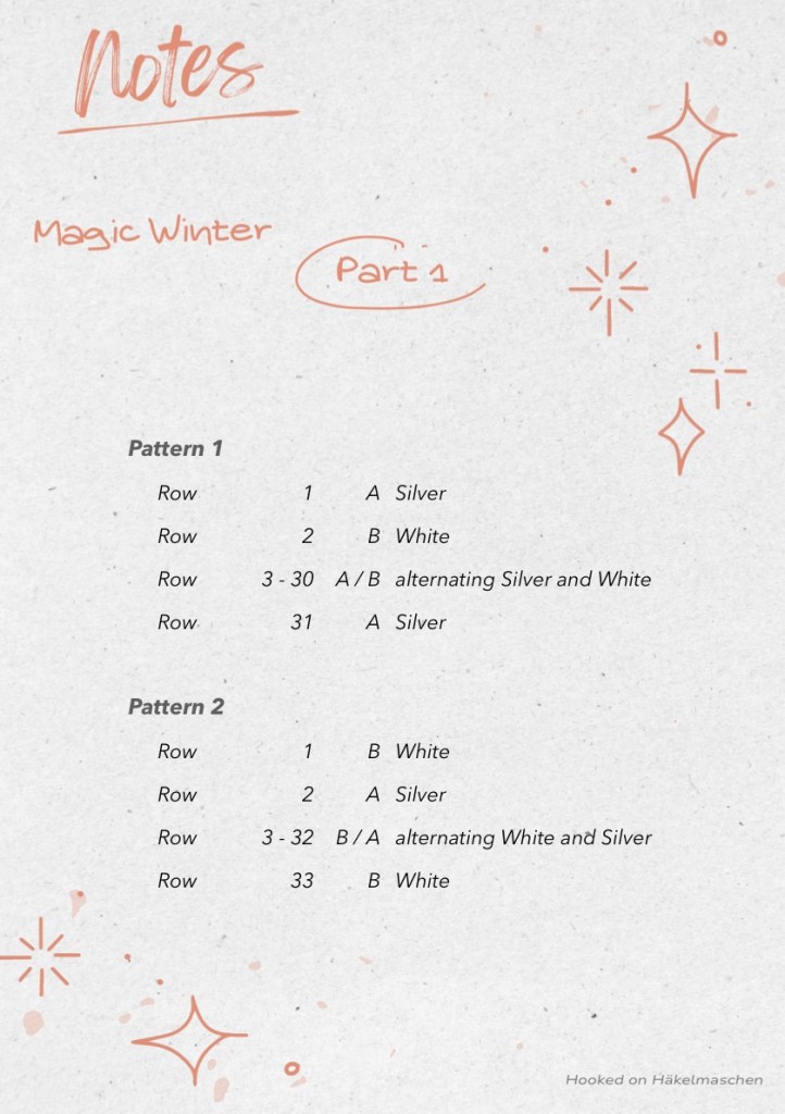 Notes for Magic Winter, showing my row-by-row colour placement for Part 1