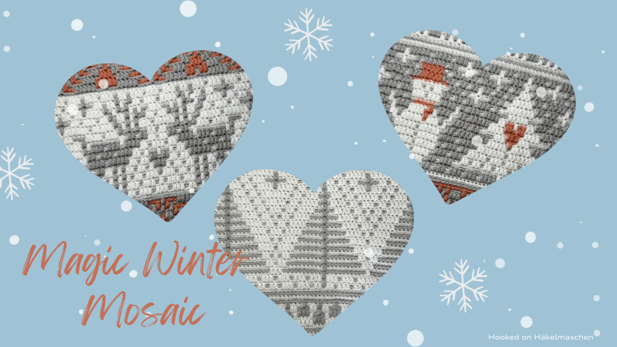 Magic Winter cover photo, displaying the crochet patches on a blue background with snowflakes
