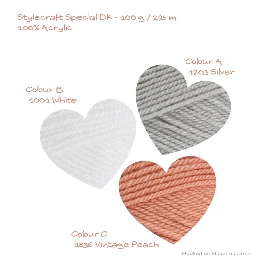 Magic Winter Mosaic CAL, yarn samples in the colours White, Silver and Vintage Peach